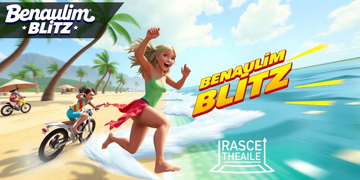 Benaulim Blitz gameplay showing players competing in a high-energy beach race with palm trees and ocean waves in background