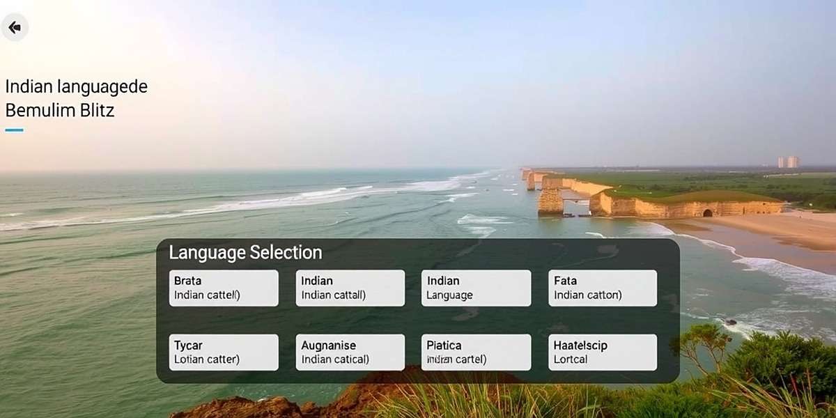 Benaulim Blitz language selection interface showing various Indian language options with regional coastal backgrounds