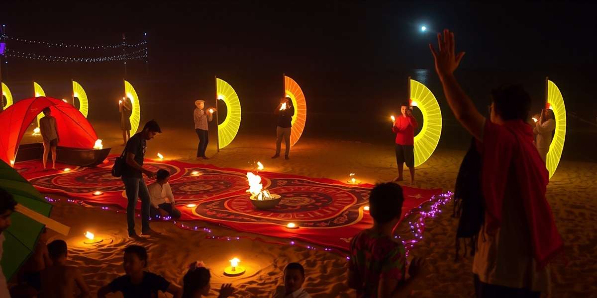 Benaulim Blitz Diwali celebration showing beach decorated with lights, diyas and rangoli with players participating in night fishing